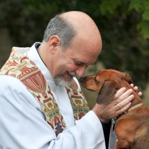 Bald priest, Fr. Paul Jarvis, blesses furry friend