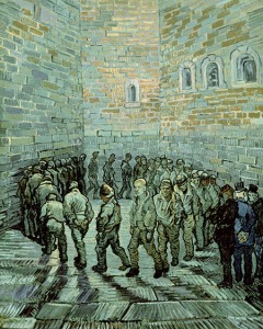 Prisoners Exercising, Vincent Van Gogh, 1890  with Van Gogh looking out and beyond.