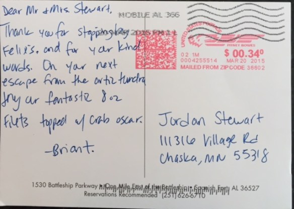 Postcard note from Briant, waiter at Felix's Fish Camp Grill in Mobile, AL