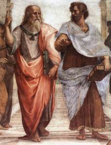Aristotle (right) talking with Plato in The School of Athens by Raphael
