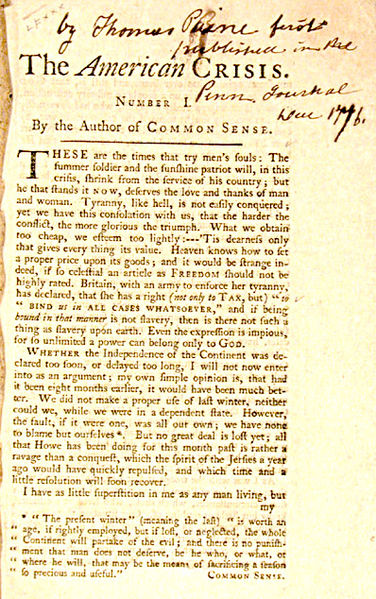 Photograph of original text of The American Crisis Number 1 by the author of COMMON SENSE, Thomas Paine. 