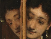 painting of woman looking at herself in a mirror