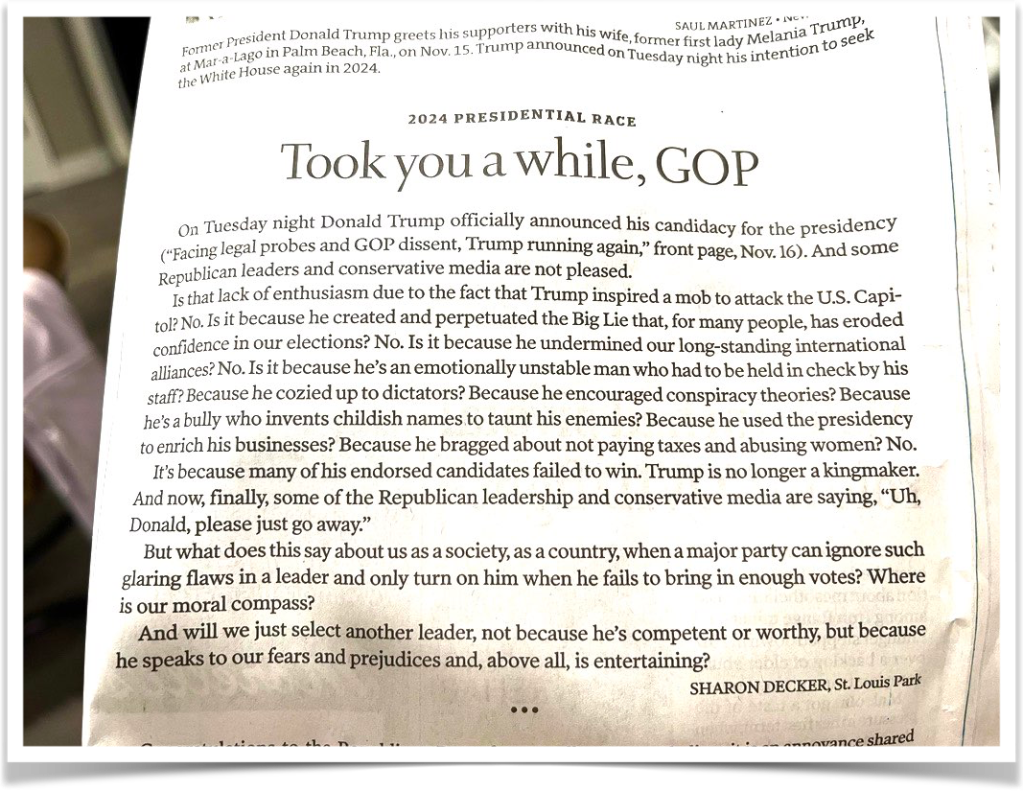 Photocopy of Letter to the Editor of the Star Tribune Took you a while, GOP
