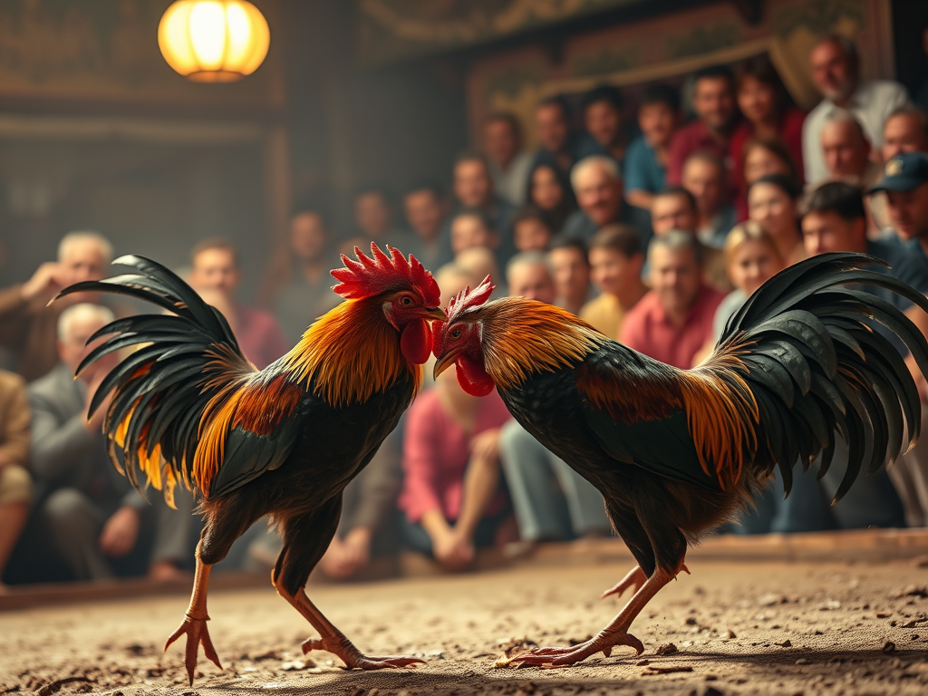 two roosters beginning a cockfight with audience watching.