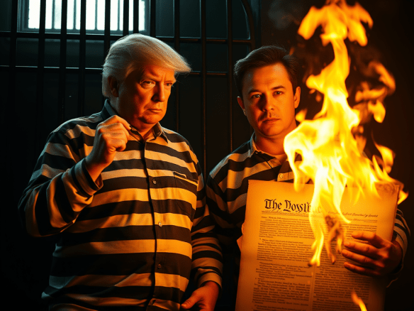 Donald Trump and Elon Musk in a hospital for the criminally insane, setting fire to the Constitution 